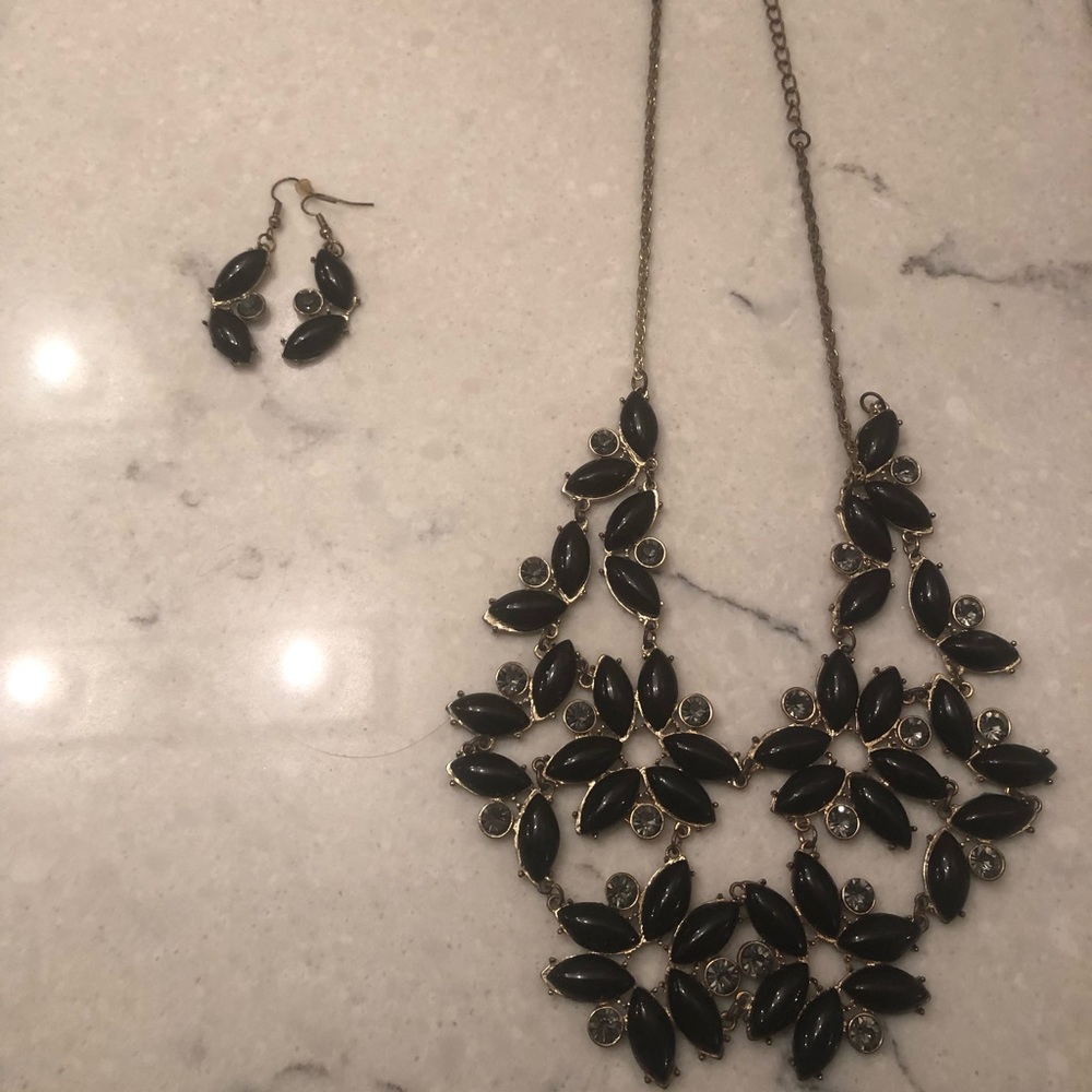 Black bib necklace with matching earrings